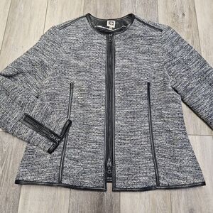 Ann Klein Tweed Full Zip Blazer Lightweight Jacket Vegan Leather Women's 14